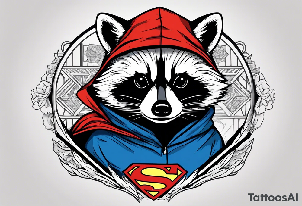 raccoon wearing a Superman hoodie tattoo idea