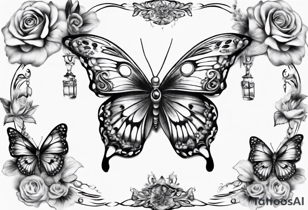 Butterfly wrap tattoos with large centre piece with moon and floral theme. Bracelet around ankle show on higher ankle tattoo idea