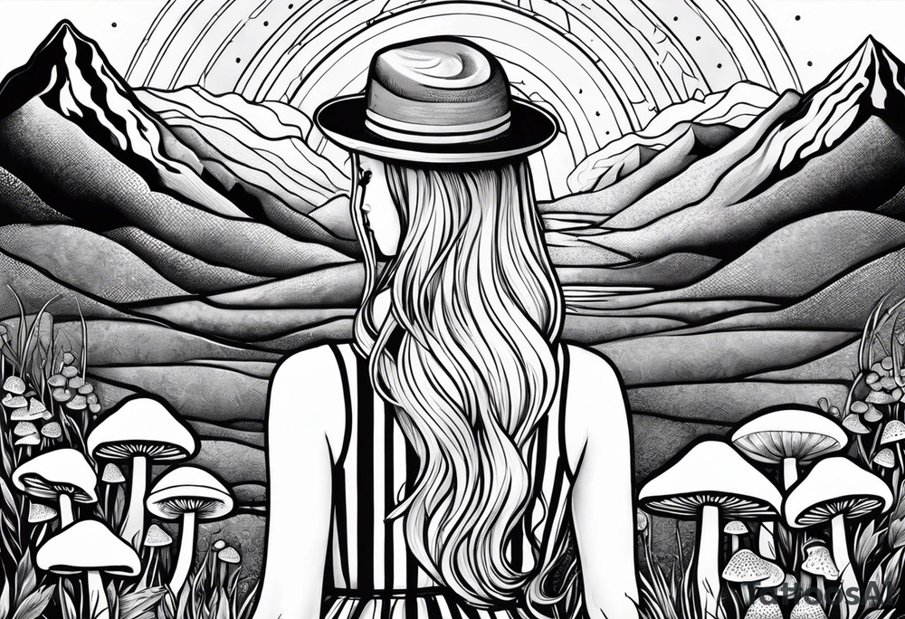 Straight blonde hair girl holding mushrooms in hand facing away toward mountains surrounded by mushrooms mandala circular design black and white striped dress tattoo idea