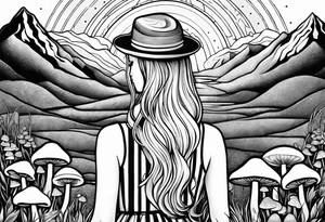 Straight blonde hair girl holding mushrooms in hand facing away toward mountains surrounded by mushrooms mandala circular design black and white striped dress tattoo idea
