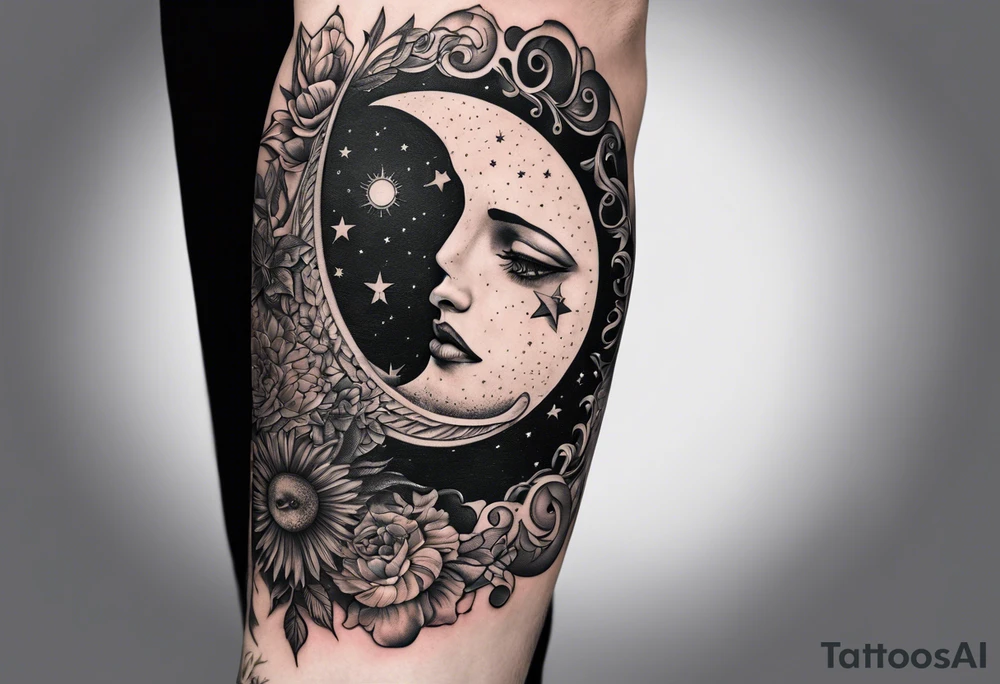 Collage for full left arm sleeve with:
a sun with a quarter moon, 
2 stars,
bass guitar, 
caduceus symbol tattoo idea