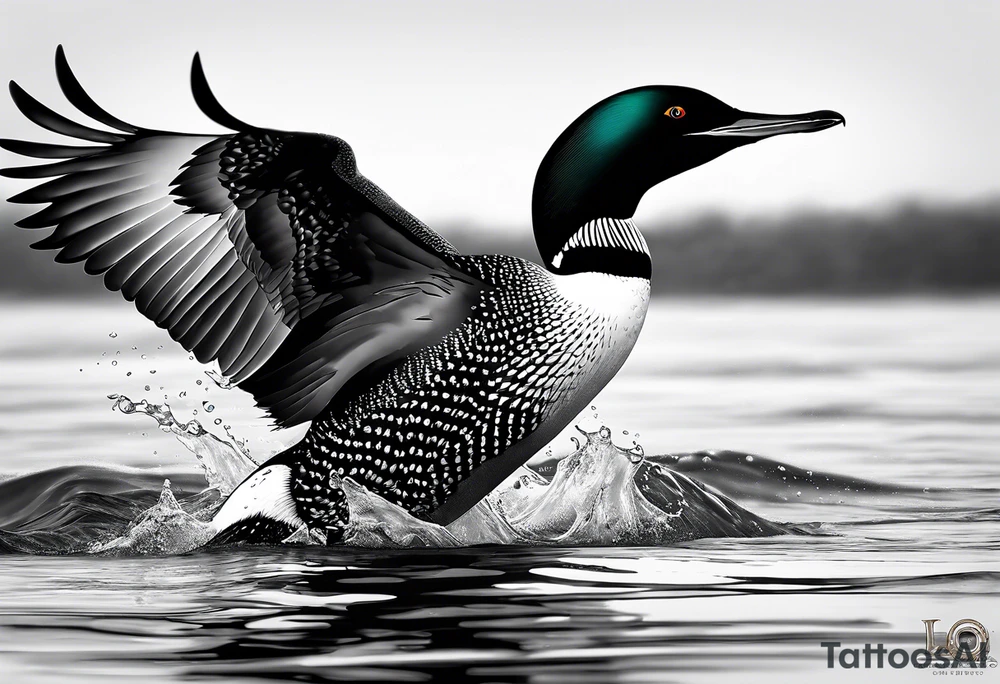 A North American common loon looking majestic as it spreads its wings in the water. On the mid-upper thigh. Don’t have a background. Make sure it is just the loon. The image should be face directly at the loon’s chest. tattoo idea