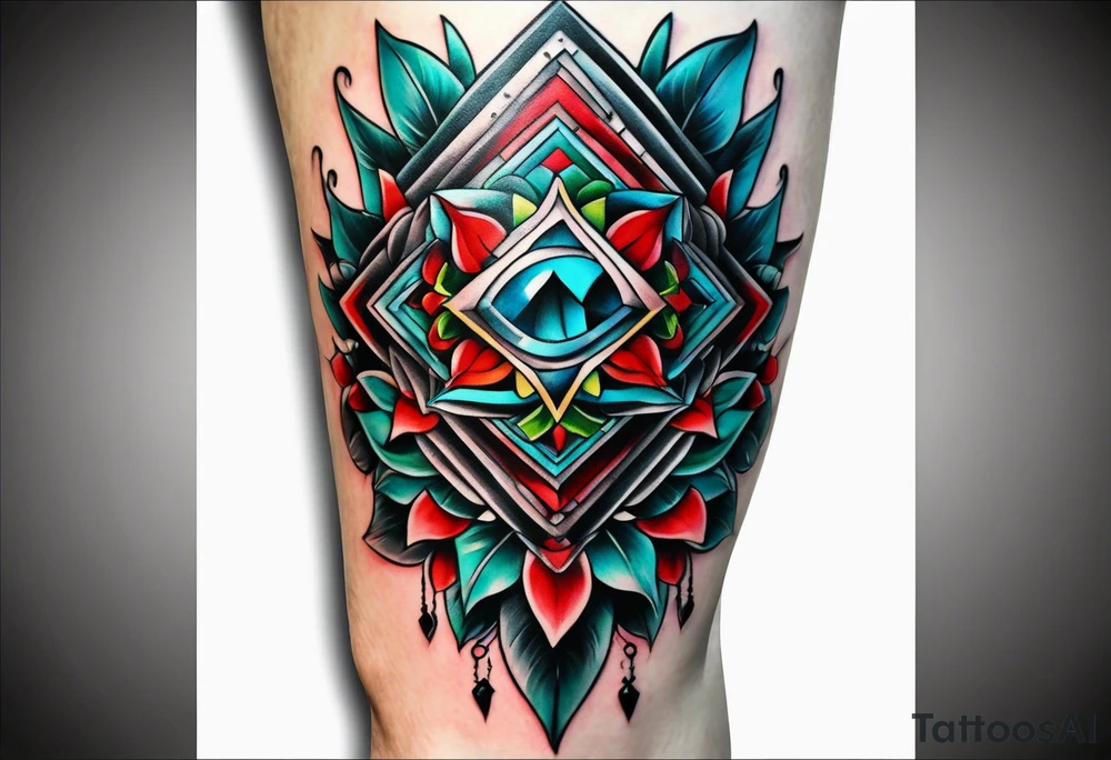 knee piece for men with minimal red and green and baby blue color accents tattoo idea
