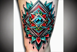 knee piece for men with minimal red and green and baby blue color accents tattoo idea