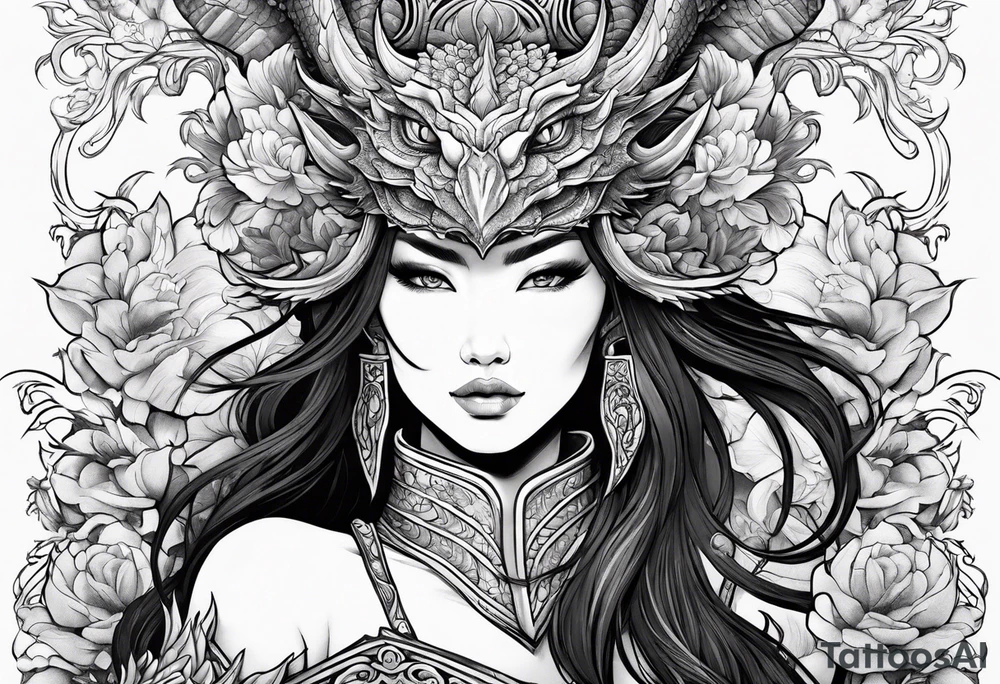 beautiful warrior woman wearing dragon armor and a floral background and a dragon a full picture tattoo idea
