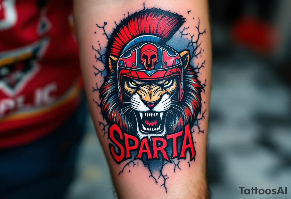 A roaring lion wearing a Sparta hockey helmet above the red Sparta logo on a cracked ice background. tattoo idea