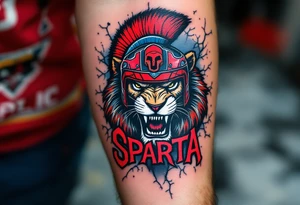 A roaring lion wearing a Sparta hockey helmet above the red Sparta logo on a cracked ice background. tattoo idea