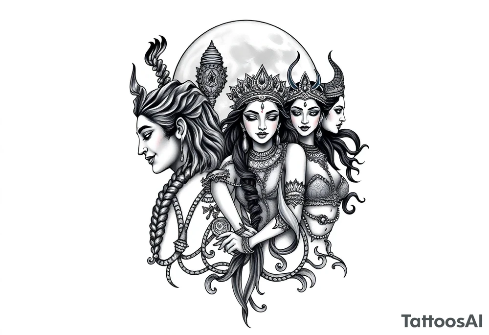 Lord Shiva, Godess Kali, Godess Lilith Together with the moon in the background tattoo idea