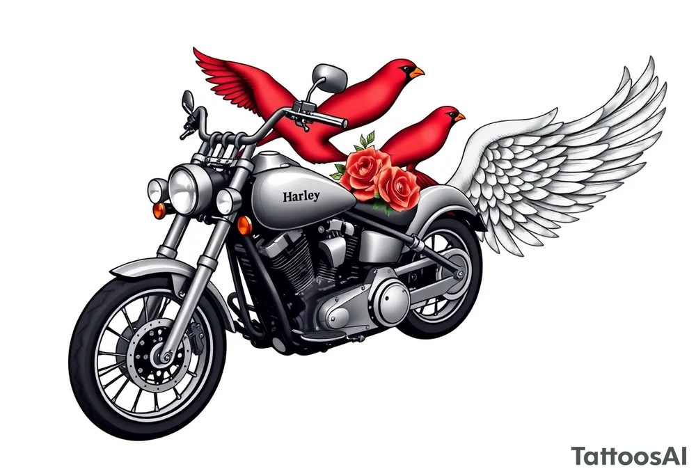 Harley grey motorcycle driving away, two red birds flying, roses, flames, angel wings tattoo idea