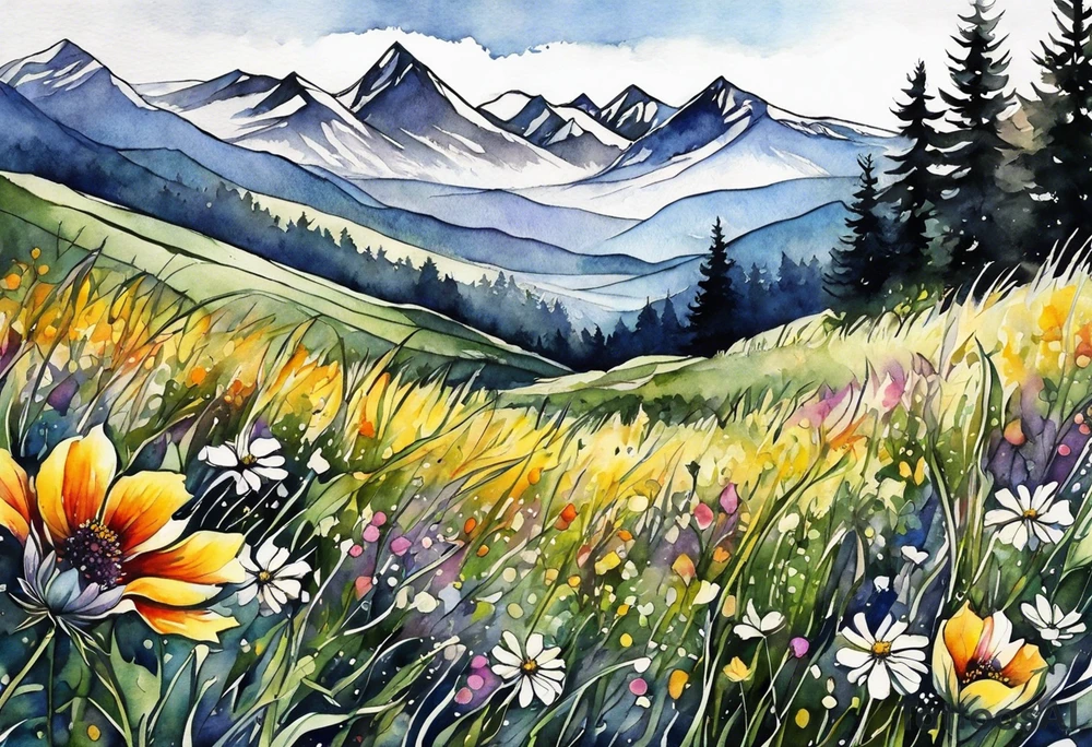 straight line - wildflower in watercolor represents overcoming challenges & strength - mountains, waves with a little sunshine tattoo idea