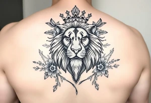 powerful majestic lion with a crown, surrounded by floral ornaments and birds tattoo idea