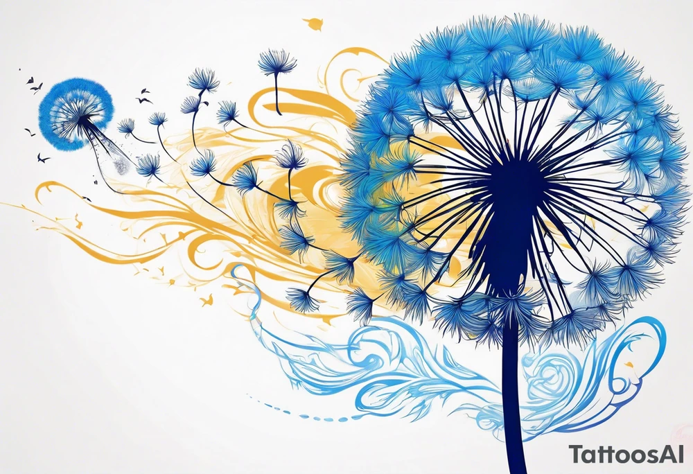 Blowing dandelion , blue color background tattoo idea