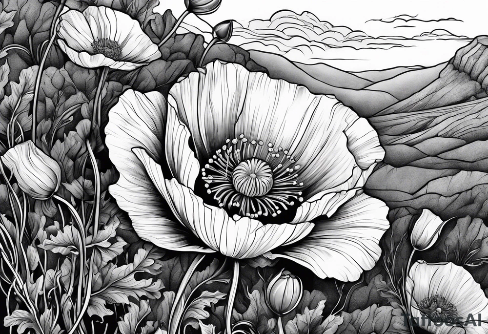 Poppy bush growing on cliff tattoo idea