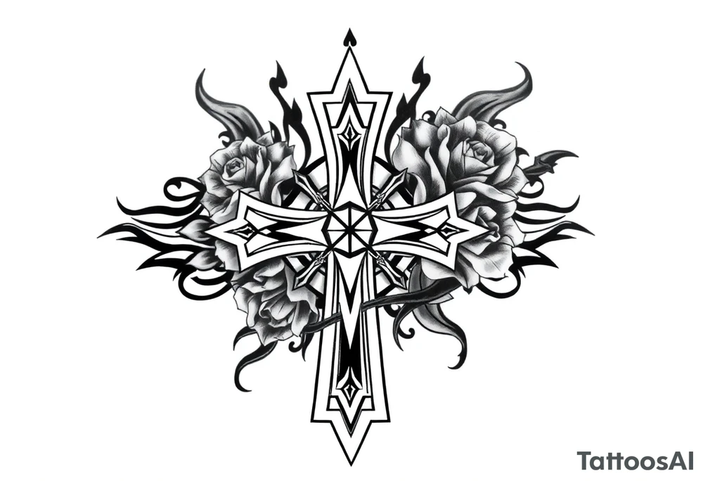 a 3D cross with roses with stars and clouds tattoo idea