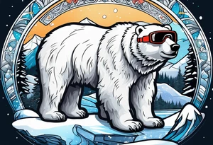 Polar bear wearing  goggles standing in front of a mountain inside a snow globe tattoo idea