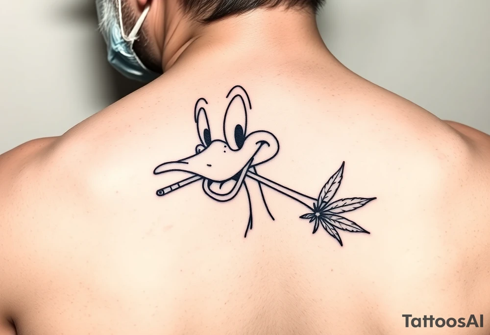 Older Daffy duck smoking a joint of marijuana tattoo idea