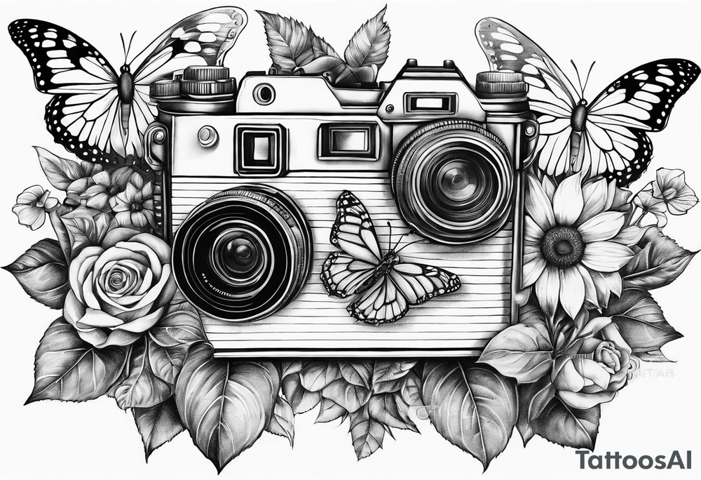 Book, sunflower, camera, butterfly, flower rose tattoo idea Book, sunflower, camera, butterfly, flower rose tattoo idea