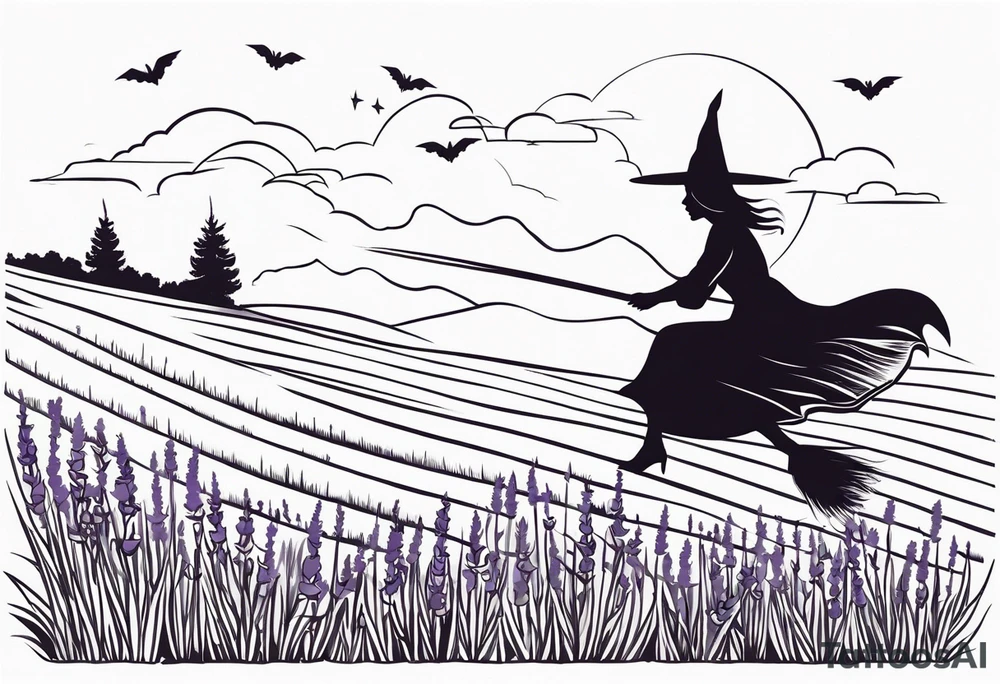 Witch on a broom flying over a field of lavender tattoo idea