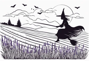 Witch on a broom flying over a field of lavender tattoo idea