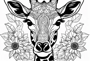 giraffe front view with sunflower and leafs tattoo idea