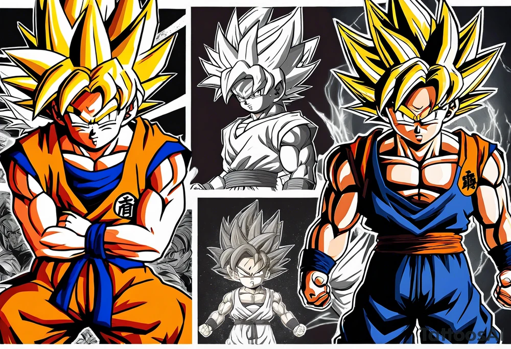Son-Goku as a child in the foreground and an older version of him as a super sayain behind him. All takes place in a dragon ball tattoo idea