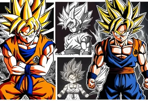 Son-Goku as a child in the foreground and an older version of him as a super sayain behind him. All takes place in a dragon ball tattoo idea