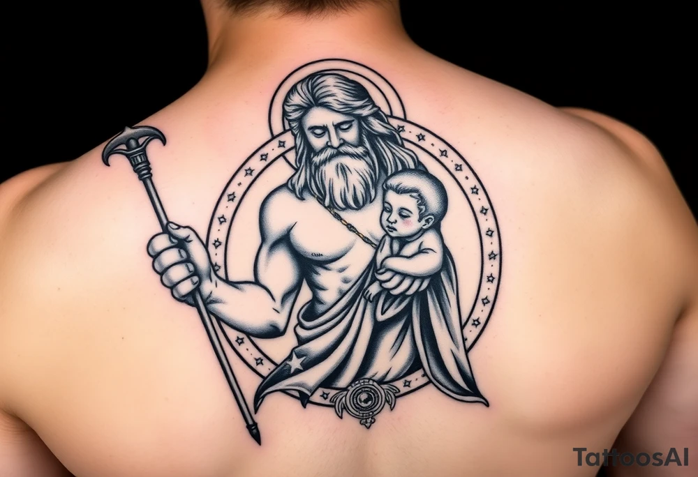 a tattoo design of the Greek God Saturn holding his spear in one hand with the Saturn Symbol as the spear head, in his other arms cradling a twin younger version of himself. The gemini constellation is in the background behind the Saturn Gods with the saturn rings circling around the tattoo like the planet saturn with the ring coming from behind, circling in front and going round the other side tattoo idea