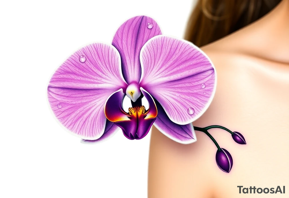 A hyper-realistic purple Phalaenopsis orchid, with dewdrops glistening on the petals, symbolizing beauty and grace tattoo idea
