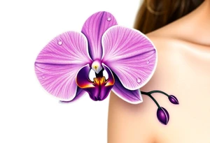 A hyper-realistic purple Phalaenopsis orchid, with dewdrops glistening on the petals, symbolizing beauty and grace tattoo idea