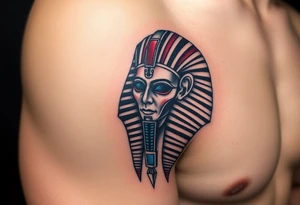 A Pharaoh’s Mask with a Modern Twist (Cyberpunk, Biomechanical, etc.)(only red , blue and black are possible colors) tattoo idea