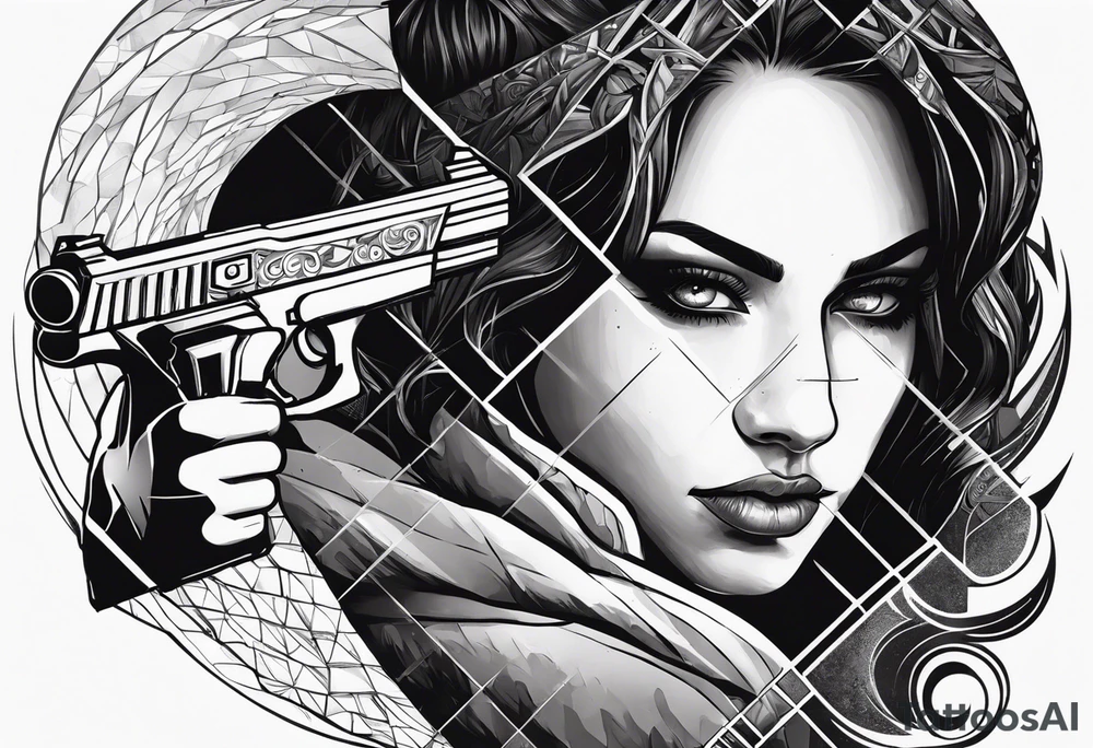 In the reflection of a eye two people holding guns one man dead on the ground with a wounded woman standing behind him tattoo idea