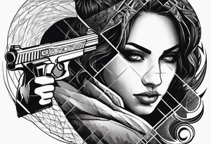 In the reflection of a eye two people holding guns one man dead on the ground with a wounded woman standing behind him tattoo idea