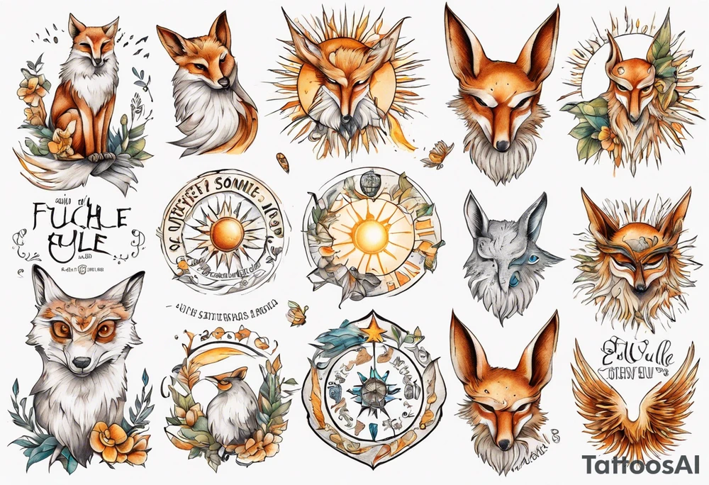 Fuchs und Eule unter der Sonne mit dem Schriftzug Sapere Aude tattoo idea