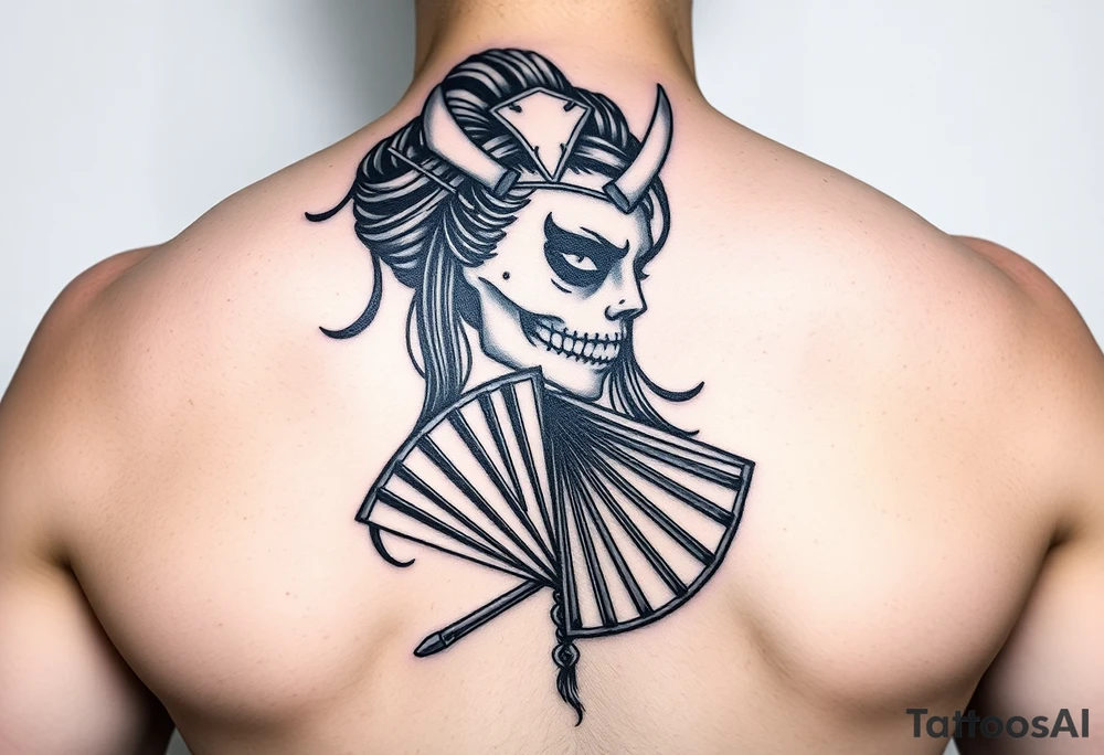 Samurai beauty  girl half face and half skeleton with a fan across her face tattoo idea