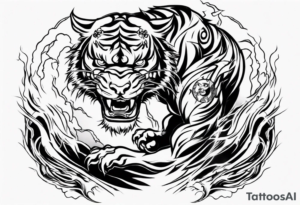 Tiger warrior with lightning and the sun for a forearm sleeve tattoo idea
