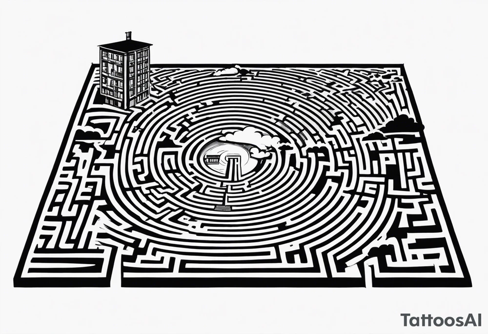 Maze with a train track in the middle. Sky cracking with moon of time tattoo idea