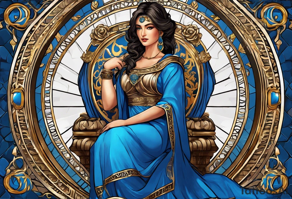 ancient rome clothes ,women,,ancient scale in one hand, blue rose frames, ladies justicia ,keeps  scale tattoo idea