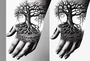 tattoo fool sleeve, tree roots break out of the chains at the bottom of the hand tattoo idea