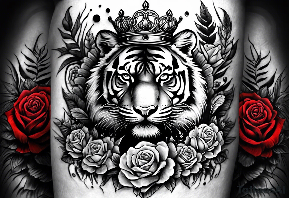 A full sleeve tiger with a crown and third eye with a hour glass instead the hour glass brain cover in in clouds and a heart cover in grass and roots with roses and smoke all over the arm tattoo idea
