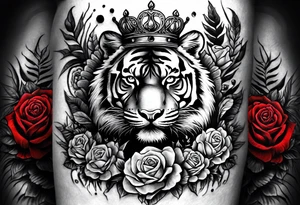 A full sleeve tiger with a crown and third eye with a hour glass instead the hour glass brain cover in in clouds and a heart cover in grass and roots with roses and smoke all over the arm tattoo idea