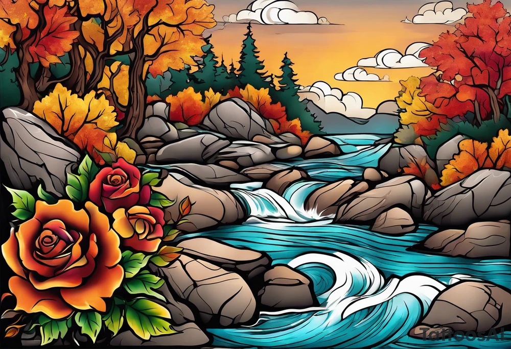 thigh tattoo in fall colors, showing, li, water flow, rocks, sky, clouds, leaves, roses and background tattoo idea