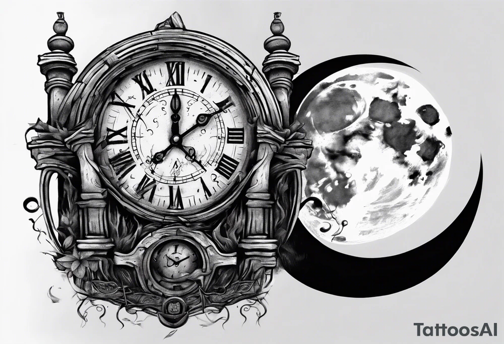 A moon with a face of a old stile clock outdoors tattoo idea