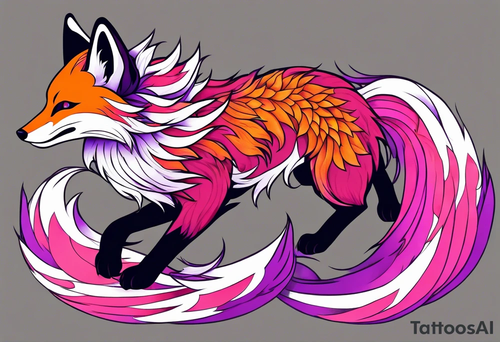 Kitsune fox with 9 tails, with purple-pink flames around it. Full position, positioned on arm, below the elbow tattoo idea