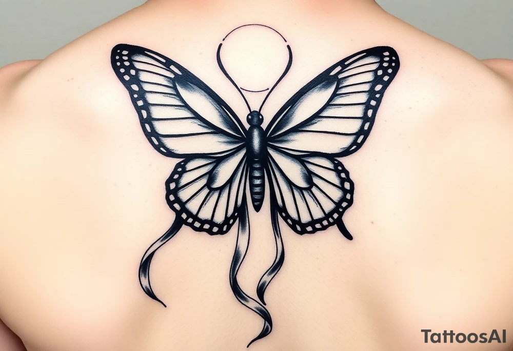 ethereal butterfly with flowing silk ribbons in moonlight tattoo idea