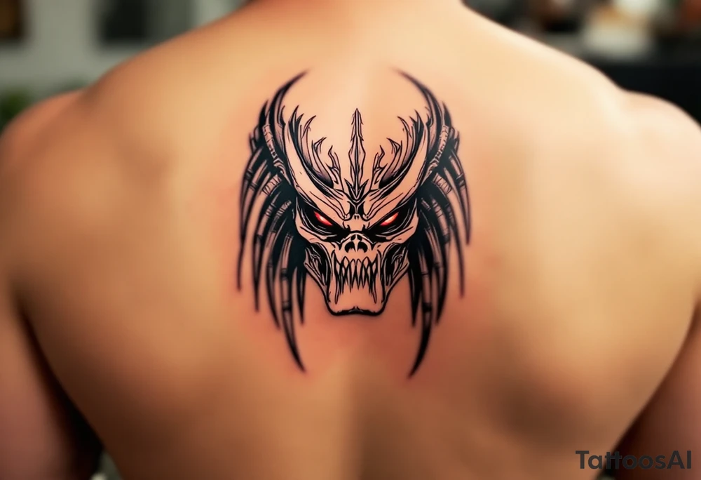 Berserker Predator – The larger, more brutal Yautja variant from Predators (2010), standing taller than traditional hunters with dark reddish-black skin, bone-plated armor, and an angular, menacing bio-mask with a red stripe. tattoo idea