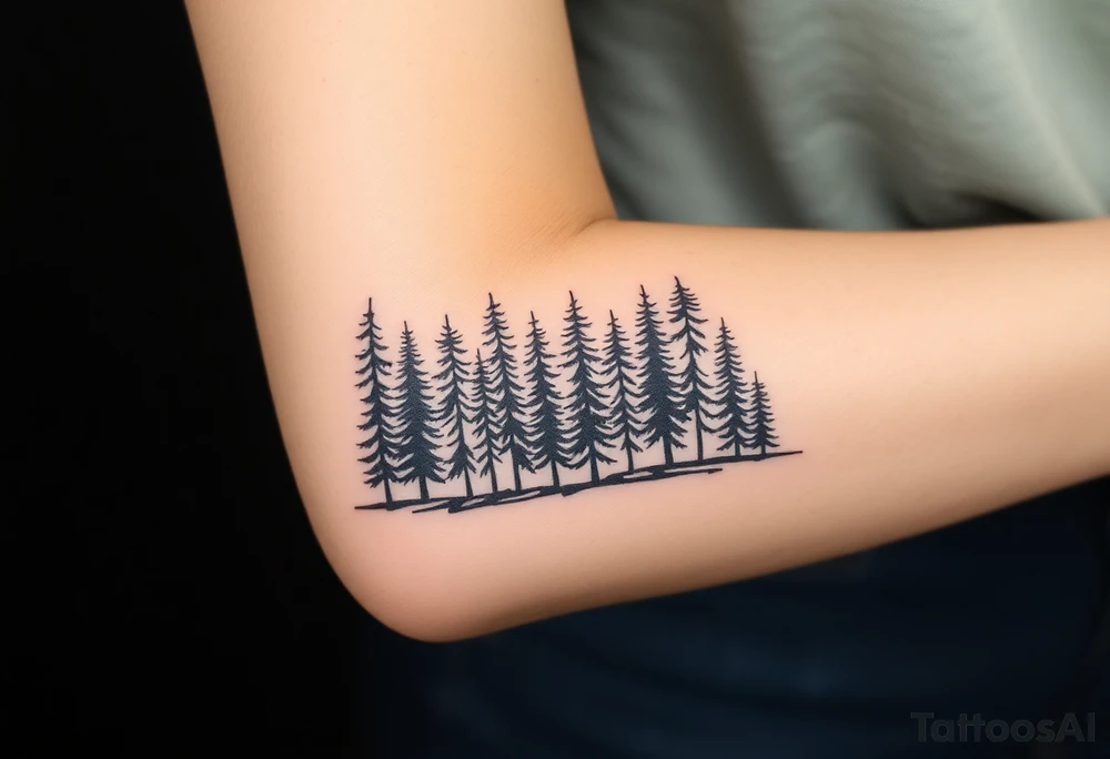 Densely wooded area full of tall pine trees growing from a black ground tattoo idea