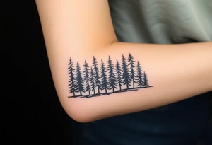 Densely wooded area full of tall pine trees growing from a black ground tattoo idea