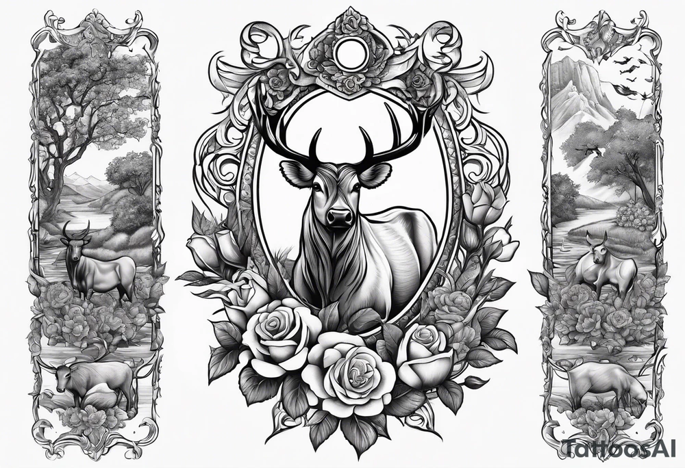 Tattoo thigh peice with Roses and flowers With nursing and hunting and cows and bulls and fishing and love and church. tattoo idea