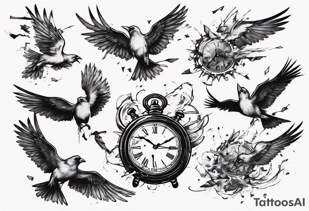 clock explodes and breaks it pieces becoming  birds tattoo idea