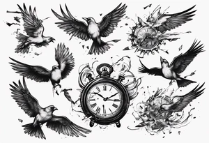 clock explodes and breaks it pieces becoming  birds tattoo idea